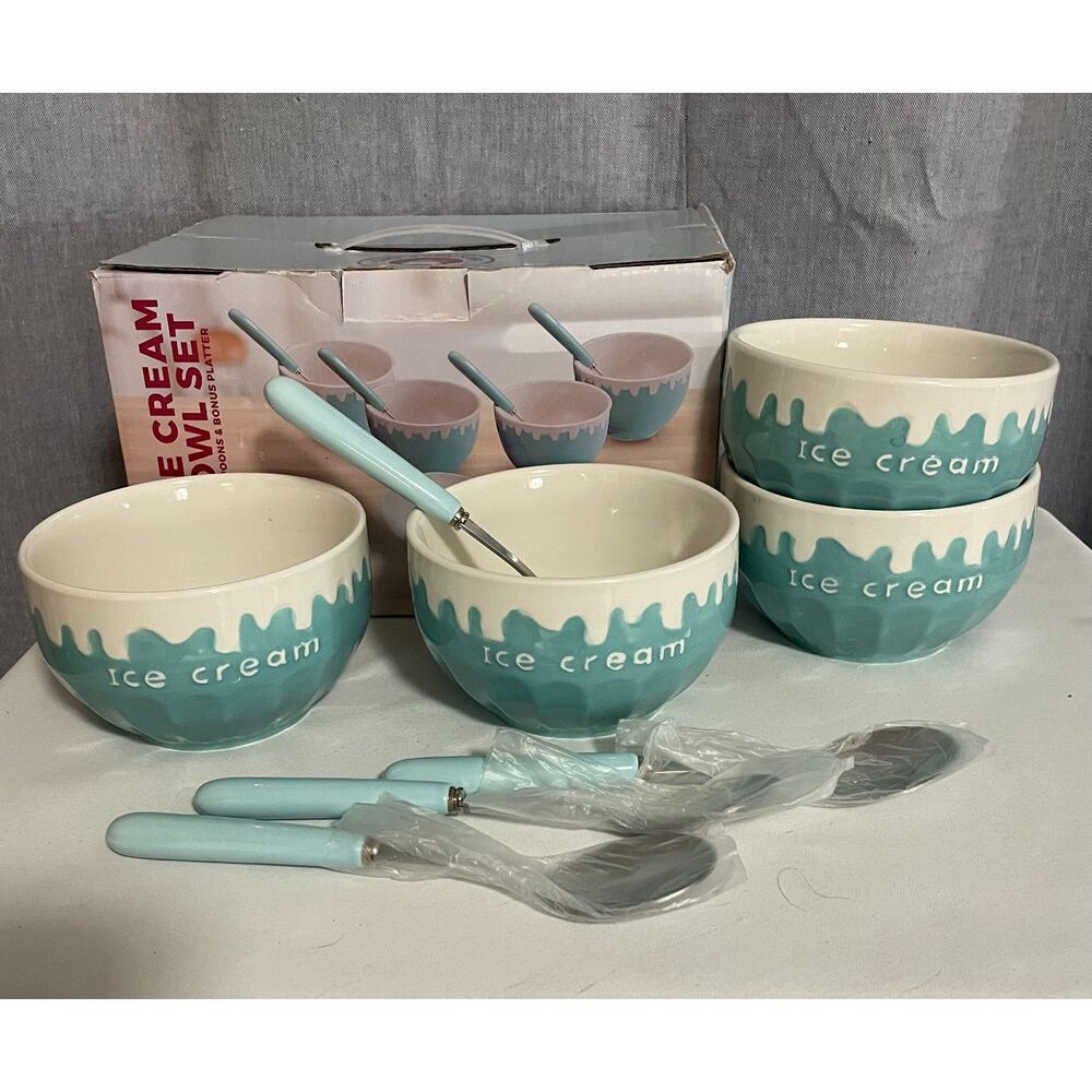 Chef’s Counter Ice Cream Bowl Set 4 Bowls 4 Spoons Blue Ceramic READ